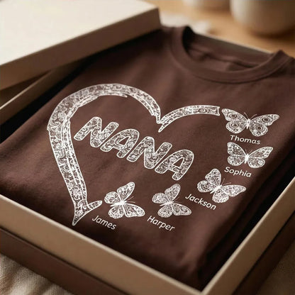 Personalized Classic Tee for Grandma, Lace Heart Nana Butterfly Design, Unique Custom Gift for Mother's Day