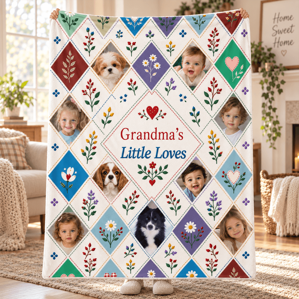 Personalized Grandma’s Little Loves Photo Fleece Blanket, Floral Patchwork Gift with Grandchildren & Pets