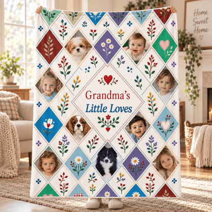 Personalized Grandma’s Little Loves Photo Fleece Blanket, Floral Patchwork Gift with Grandchildren & Pets