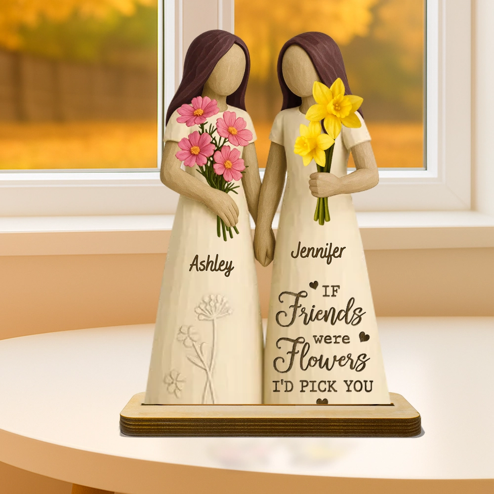 2-Layer Wooden Plaque for Best Friends – Hand-in-Hand figurine with flowers, cozy mantel décor and heartwarming keepsake, perfect gift to celebrate lifelong friendship