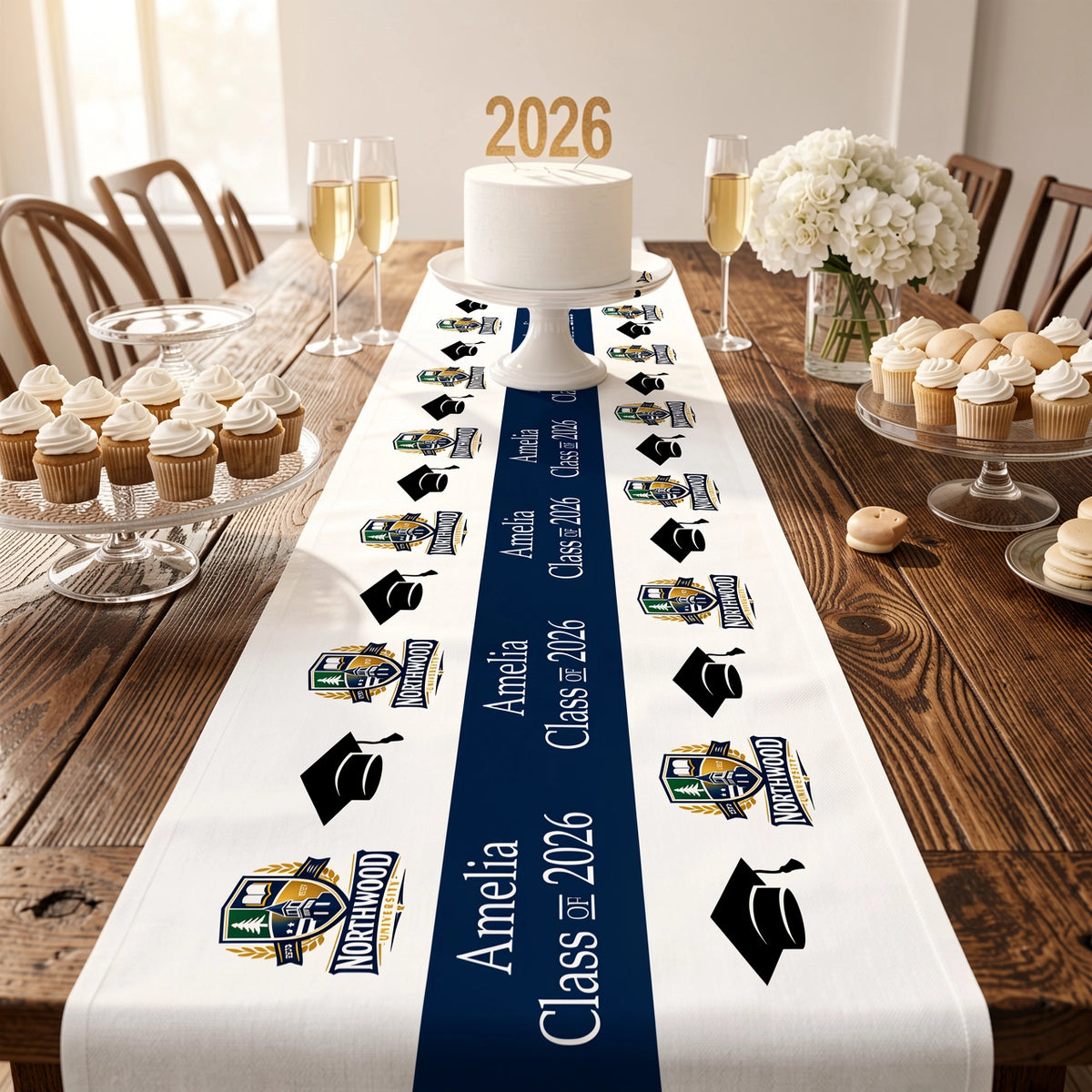 Custom Graduation Table Runner With Cap Icons and Bold Blue Layout, Graduation Party Centerpiece, Creative Gift