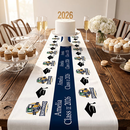Custom Graduation Table Runner With Cap Icons and Bold Blue Layout, Graduation Party Centerpiece, Creative Gift