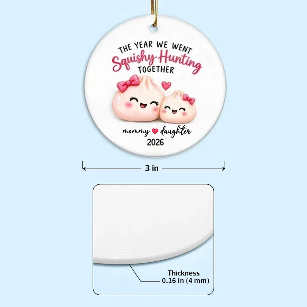 Personalized Ceramic Ornament, Pink Cartoon Mommy Daughter Squishy Hunting Together, Unique Gift for Mom