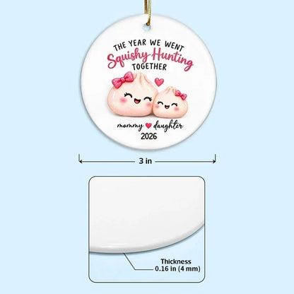 Personalized Ceramic Ornament, Pink Cartoon Mommy Daughter Squishy Hunting Together, Unique Gift for Mom