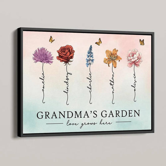 Grandma's Garden Love Grows Here Beautiful Birth Month Flower Gift For Grandma Mom Personalized Poster or Canvas, Keychain, Plaque, Wallet Card, Pillow