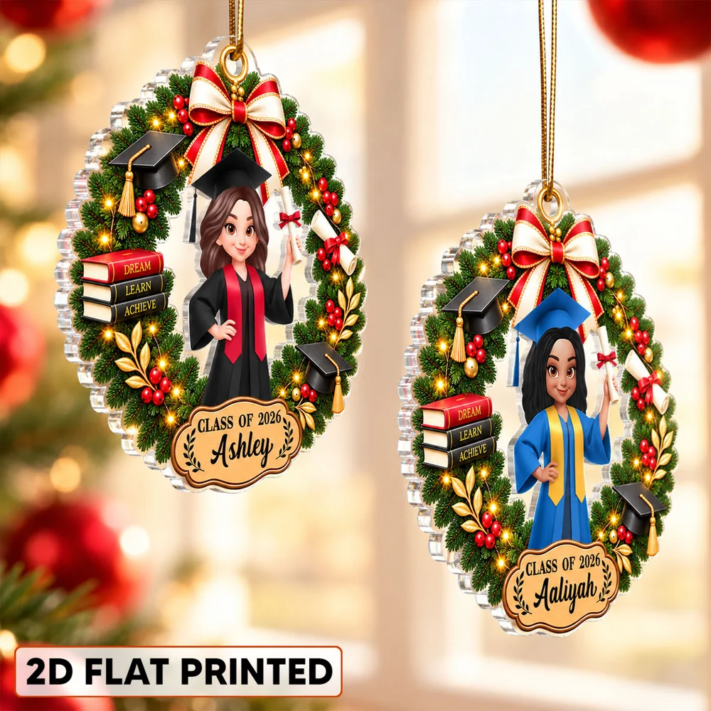 Personalized Acrylic Ornament, Graduate Holding Diploma in Red and Green Christmas Wreath, Creative Keepsake Gift