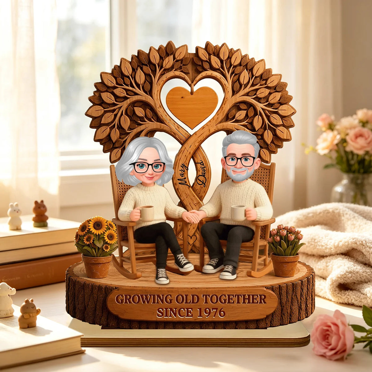 Personalized Growing Old Together Wooden Plaque with Names & Year, Romantic Anniversary Gift for Couples