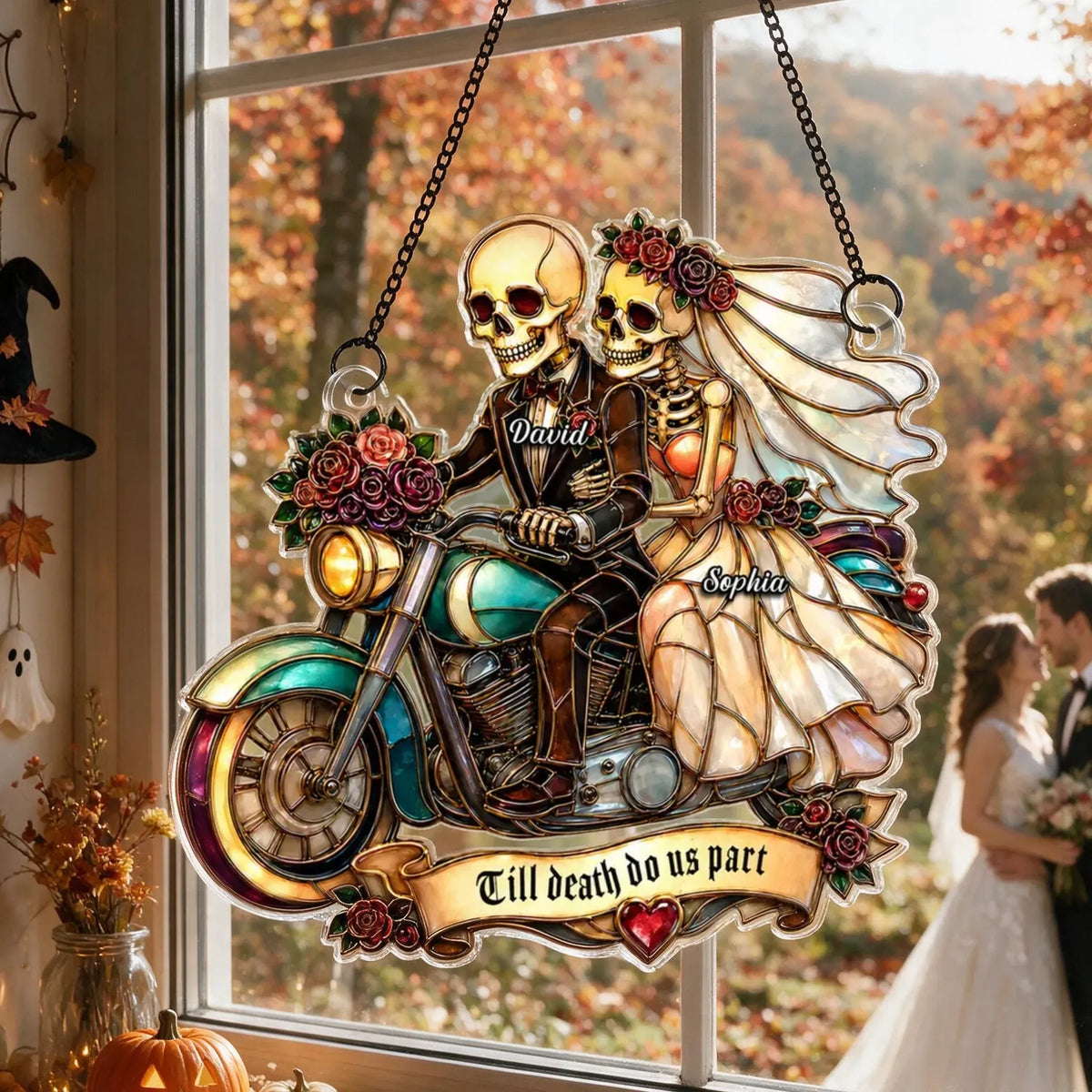 Personalized Acrylic Suncatcher Ornament, Skeleton Newlyweds Riding Motorcycle, Unique Couple Gift