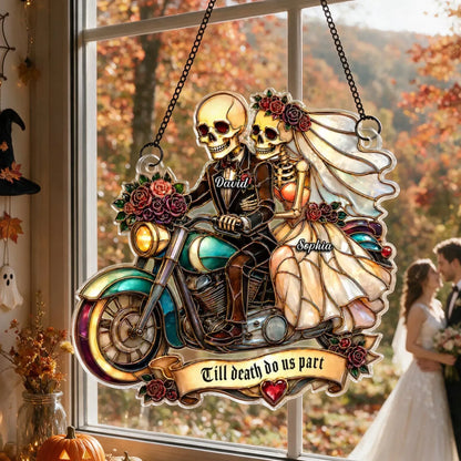 Personalized Acrylic Suncatcher Ornament, Skeleton Newlyweds Riding Motorcycle, Unique Couple Gift