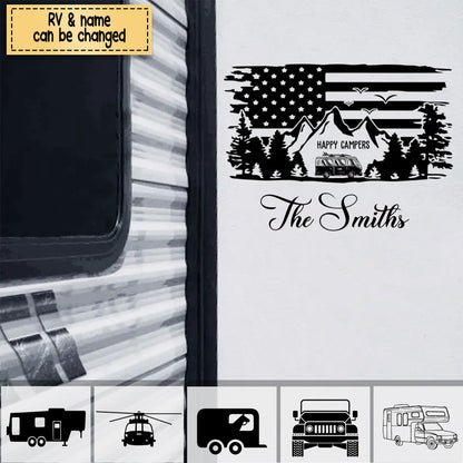 Personalized Sticker Decal, Happy Campers American Flag Scene, Unique Creative Gift for Camping Family