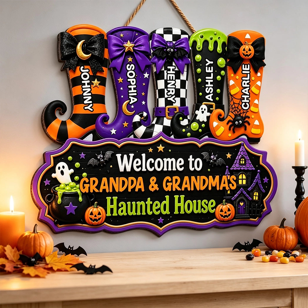 Personalized Wooden Sign With Witch Boots For Grandparents, Halloween Haunted House Creative Gift