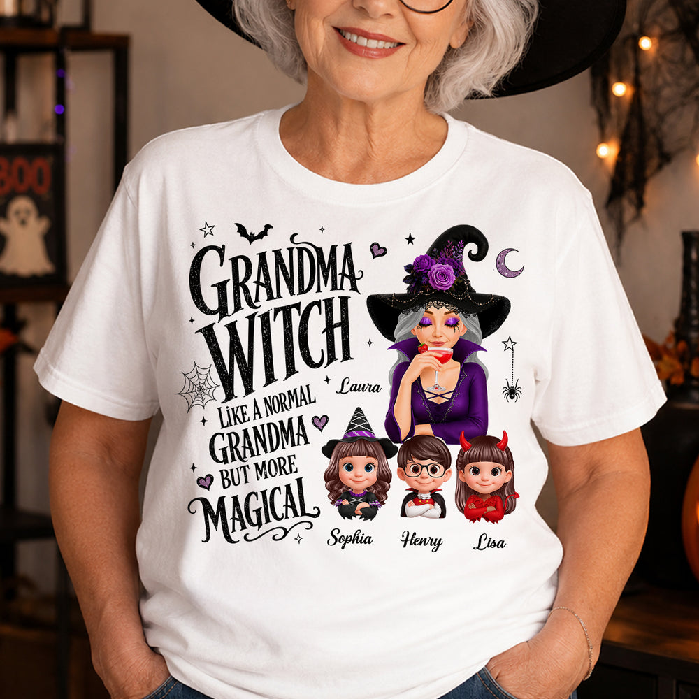 Personalized Grandma Witch Classic Tee, Sipping Witch & Grandkid Art, Unique Halloween Gift For Grandma