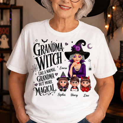Personalized Grandma Witch Classic Tee, Sipping Witch & Grandkid Art, Unique Halloween Gift For Grandma