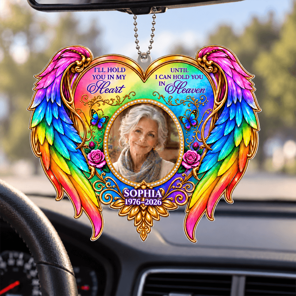 Personalized Memorial Photo Car Hanger or Ornament, Rainbow Angel Wings Keepsake, “I’ll Hold You in My Heart” Remembrance Gift