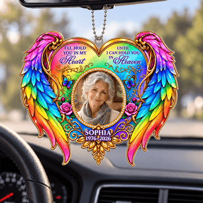 Personalized Memorial Photo Car Hanger or Ornament, Rainbow Angel Wings Keepsake, “I’ll Hold You in My Heart” Remembrance Gift