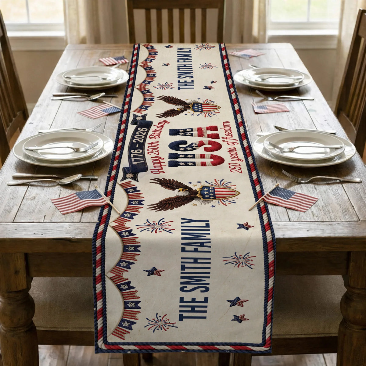 Personalized USA 250th Anniversary Table Runner with Patriotic Eagles & Fireworks - Unique Creative Gift for Family Hosts