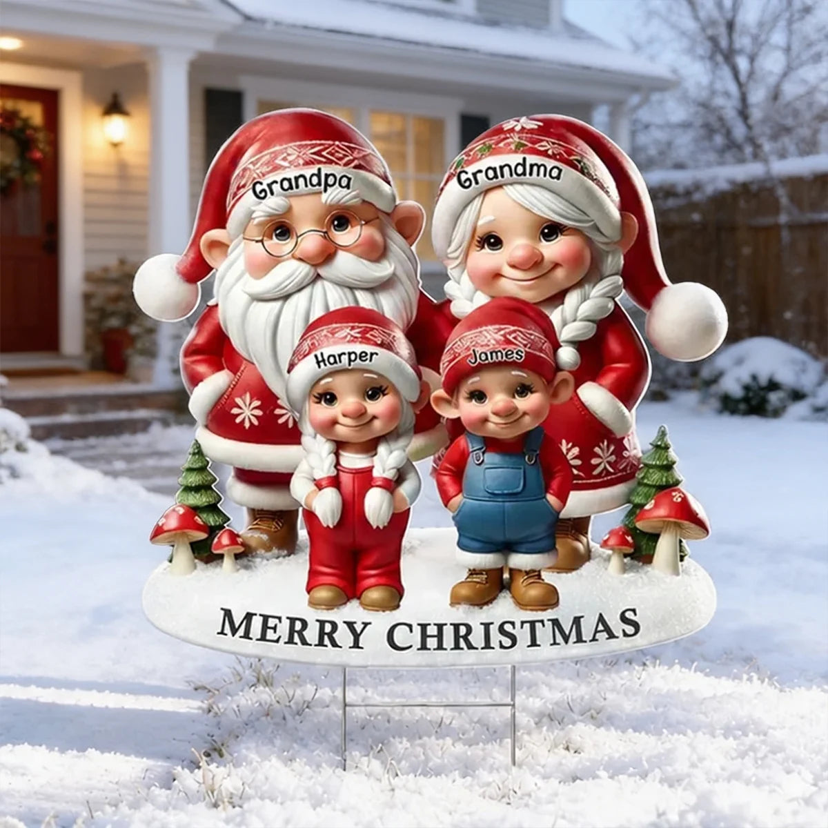 Personalized Shaped Yard Sign, Christmas Gnome Grandparents & Grandkids in Snow, Unique Gift for Grandparents