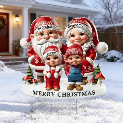 Personalized Shaped Yard Sign, Christmas Gnome Grandparents & Grandkids in Snow, Unique Gift for Grandparents