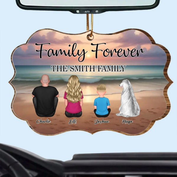 Family Forever Beach Design - Personalized Wooden Carhanger, LED Plaque, Keychain, Poster, Wallet Card, and Pillow, Unique Gift