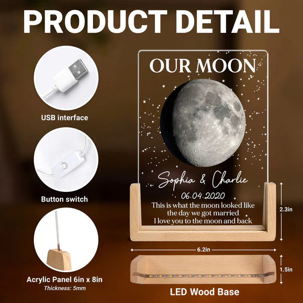Personalized Moon Phase LED Light Frame, Unique Gift for Couple, Warm Starry Wedding Anniversary Keepsake