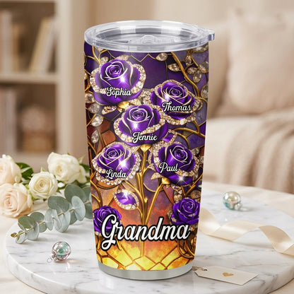 Personalized Grandma Insulated Travel Tumbler, Purple Rose Stained-Glass Style, Unique Gift for Mom or Grandma
