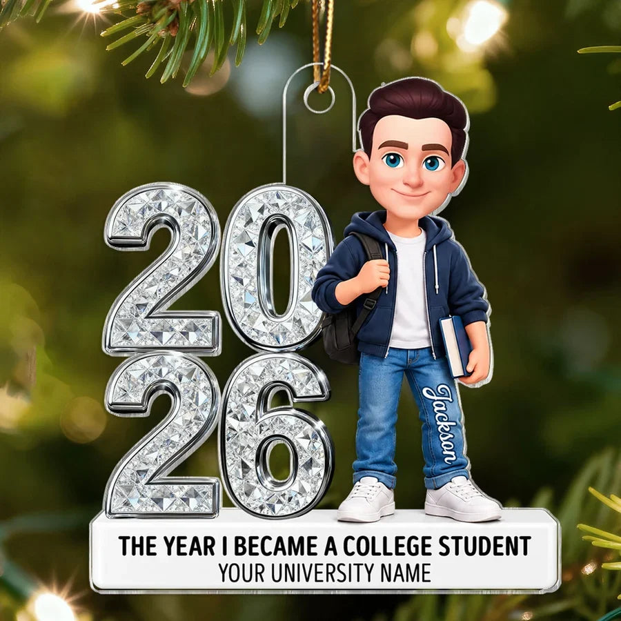 Personalized Acrylic Ornament, College Student Holding Books, Unique Christmas Gift for Freshman