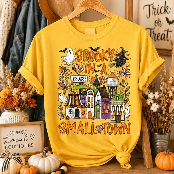 Personalized Classic Tee, Orange Ghost and Bat Town Scene, Unique Halloween Gift for Small Town Fans