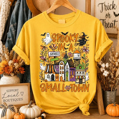Personalized Classic Tee, Orange Ghost and Bat Town Scene, Unique Halloween Gift for Small Town Fans