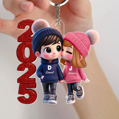 Acrylic Ornament - Cute Couple Kiss, winter hats, Christmas tree decor, romantic keepsake, unique gift for couples