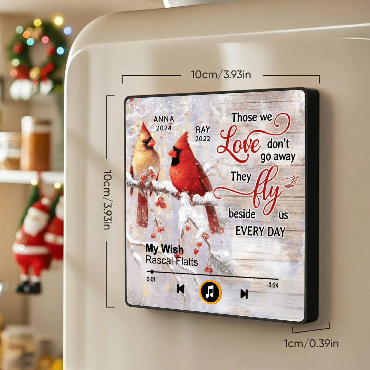 Personalized Cardinal Memorial Acrylic Music Magnet for Fridge Decor, Rustic Winter Look, Unique Sympathy Gift
