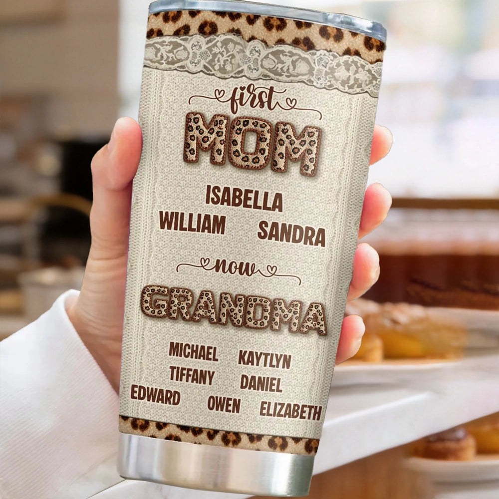 Personalized Insulated Travel Tumbler for Grandma, First Mom Now Grandma Leopard Lace Design, Unique Gift for Her