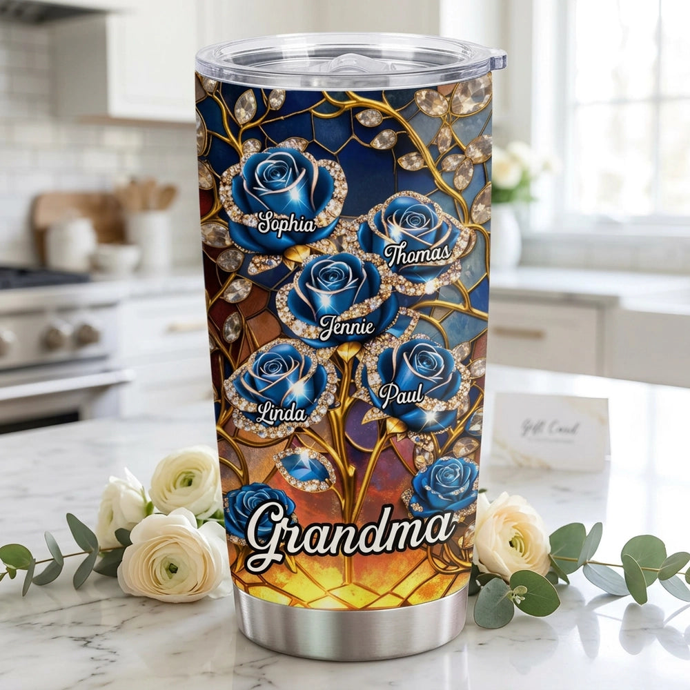 Personalized Grandma Insulated Travel Tumbler, Purple Rose Stained-Glass Style, Unique Gift for Mom or Grandma