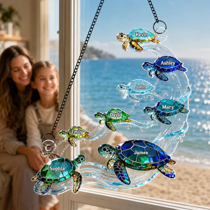 Swimming Sea Turtle Family Acrylic Suncatcher Ornament, Personalized Unique Creative Gift for Family Window Decor