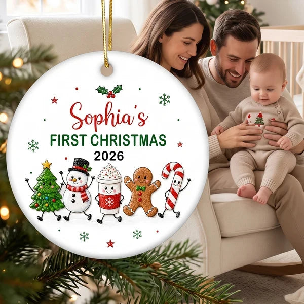 Personalized Ceramic Ornament with Waving Christmas Characters, Unique First Christmas Gift for Baby and New Parents