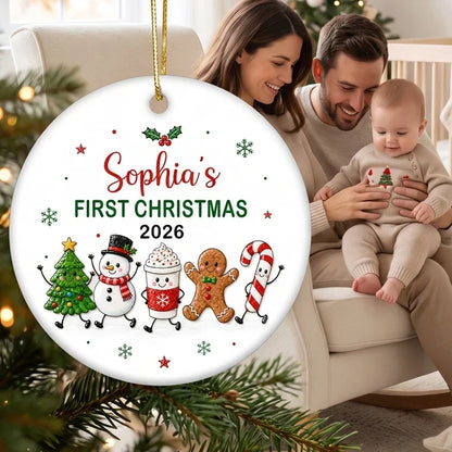 Personalized Ceramic Ornament with Waving Christmas Characters, Unique First Christmas Gift for Baby and New Parents