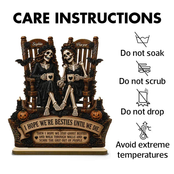 Personalized 2-Layer Wooden Plaque, Seated Skeleton Besties Holding Mugs, Unique Gift for Close Friend