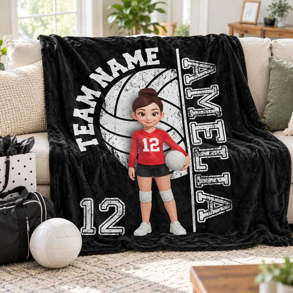 Personalized Volleyball Fleece Blanket, Black and Red Cartoon Player Holding a Ball, Unique Gift for Daughter