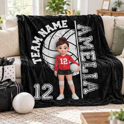 Personalized Volleyball Fleece Blanket, Black and Red Cartoon Player Holding a Ball, Unique Gift for Daughter
