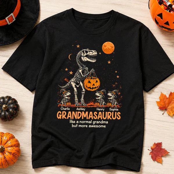 Personalized Classic Tee, Unique Spooky Grandmasaurus Dinosaur Skeleton Halloween Gift for Grandma