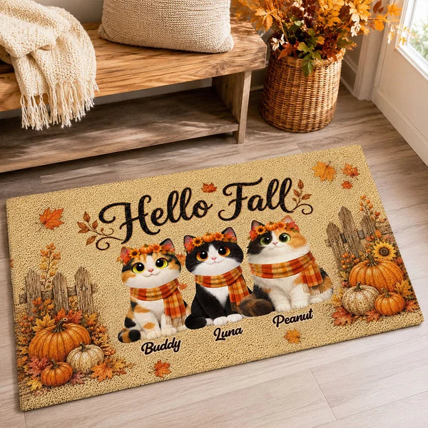 Personalized Standard Doormat with Sitting Cats, Pumpkins and Leaves, Creative Housewarming Gift for Pet Owners