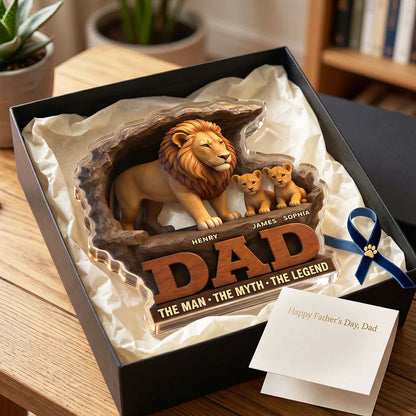 Personalized Shaped Acrylic Block Plaque With Standing Lion Dad & Cubs, Unique Father's Day Gift for Dad's Desk