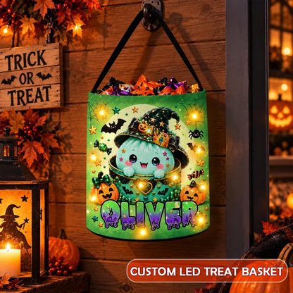 Personalized LED Light Up Fabric Basket, Cute Pumpkin Halloween Trick or Treat Bucket, Unique Gift for Kids