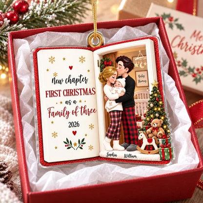 Personalized Acrylic Ornament, New Parents Embracing Baby by Christmas Tree, Unique Keepsake Gift