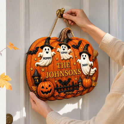 Personalized Wooden Sign With Cute Ghost Family & Pumpkin Decor, Unique Creative Gift For Family