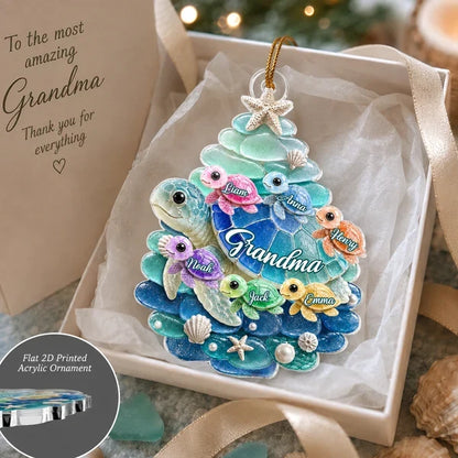 Personalized Turtle Family Acrylic Ornament, Grandma with Grandkids, Unique Christmas Gift for Grandma