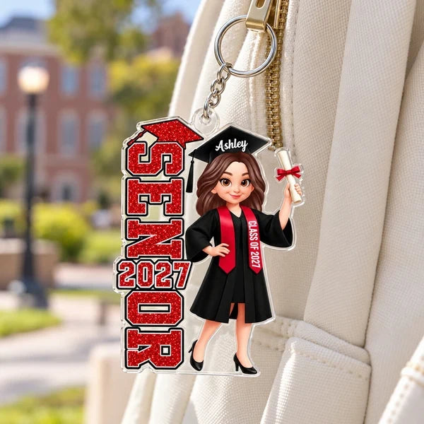 Personalized Acrylic Keychain, Red and Black Cartoon Graduate Holding Diploma, Unique Graduation Gift for Her