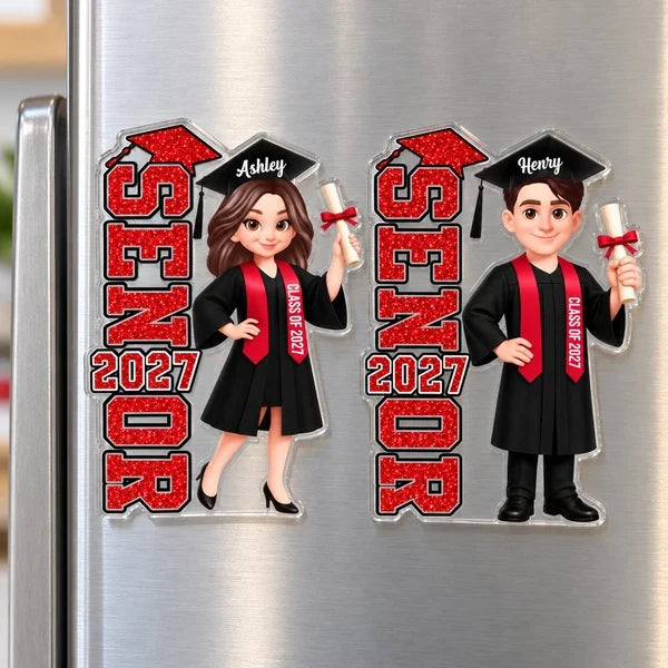 Personalized Acrylic Magnet, Red and Black Graduate Holding Diploma, Unique Graduation Gift for Daughter, Son