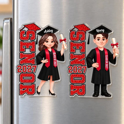 Personalized Acrylic Magnet, Red and Black Graduate Holding Diploma, Unique Graduation Gift for Daughter, Son