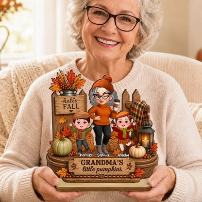 Personalized Wooden Plaque, Winking Grandma With Waving Grandkids in a Fall Scene, Unique Gift for Grandma
