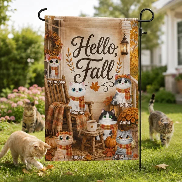 Hello Fall Garden Flag, Personalized Autumn Cat Porch Scene in Warm Orange Tones, Unique Gift for Pet Owners